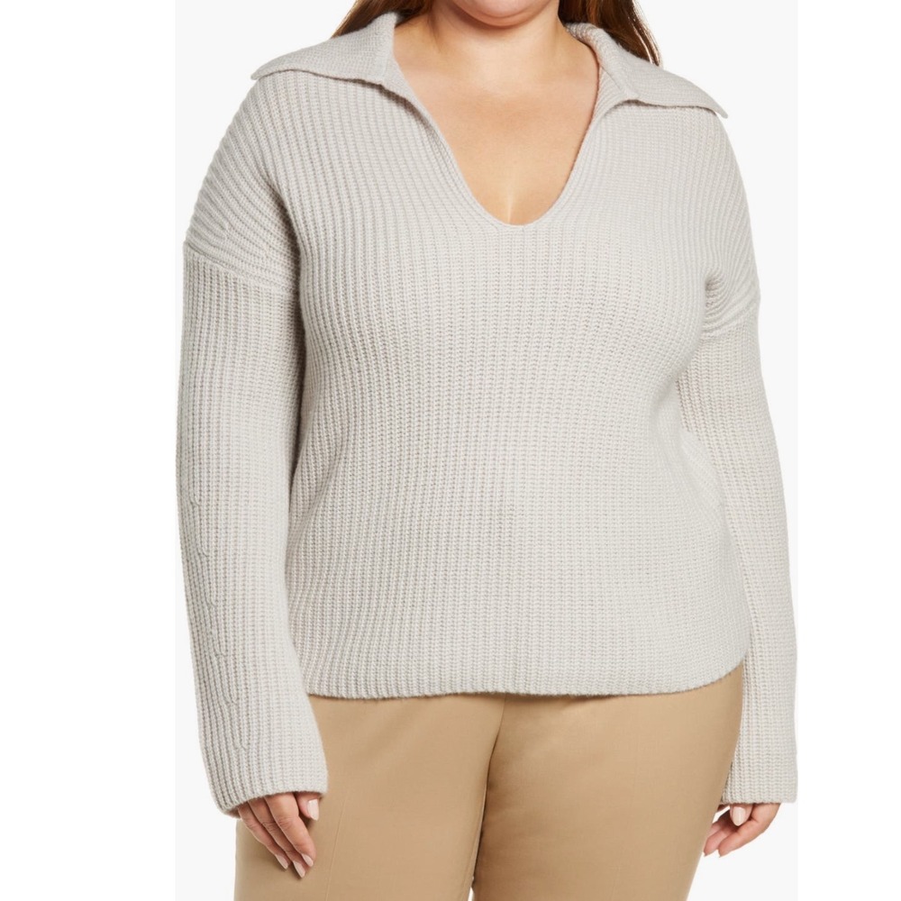Vince‎ Wool Cashmere Collared Sweater Beige Pullover Rib Knit V-Neck XXL NWT